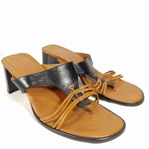 A. Giannetti Italy Heeled Black Leather Thong Sandal Sz 7B Stacked block heel.